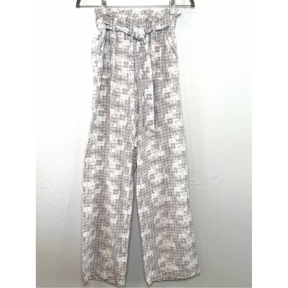 Rewash Boho Smocked Wide Leg Linen Blend Pants Gray White Small Coastal